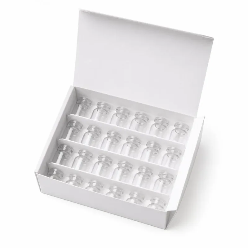 Caja con viales de 3 ml ordenados en filas